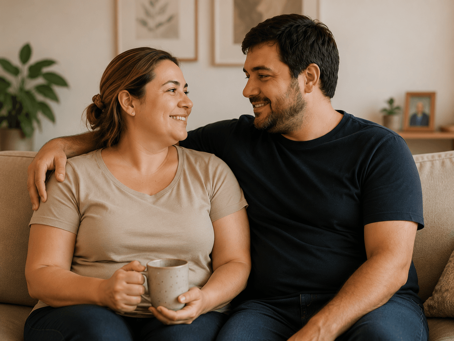 Pareja conversando y cuidando su bienestar en casa