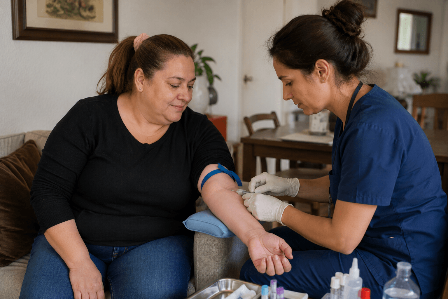 Profesional de salud realizando exámenes a domicilio